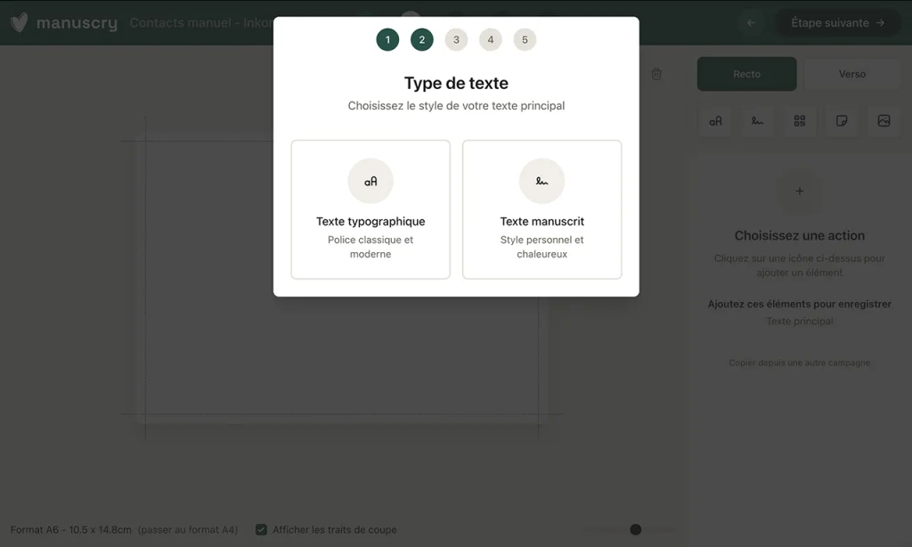 Étape de l'éditeur Manuscry proposant un rendu manuscrit ou une police classique pour le texte du courrier