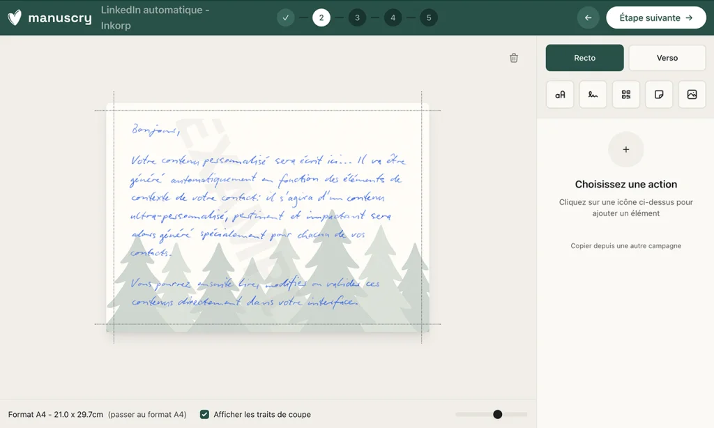 Éditeur de courrier Manuscry affichant une carte au format A4 avec un texte au rendu manuscrit