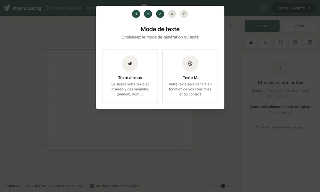 Choix du mode de texte dans l'éditeur Manuscry entre texte à trous avec variables et texte généré par IA