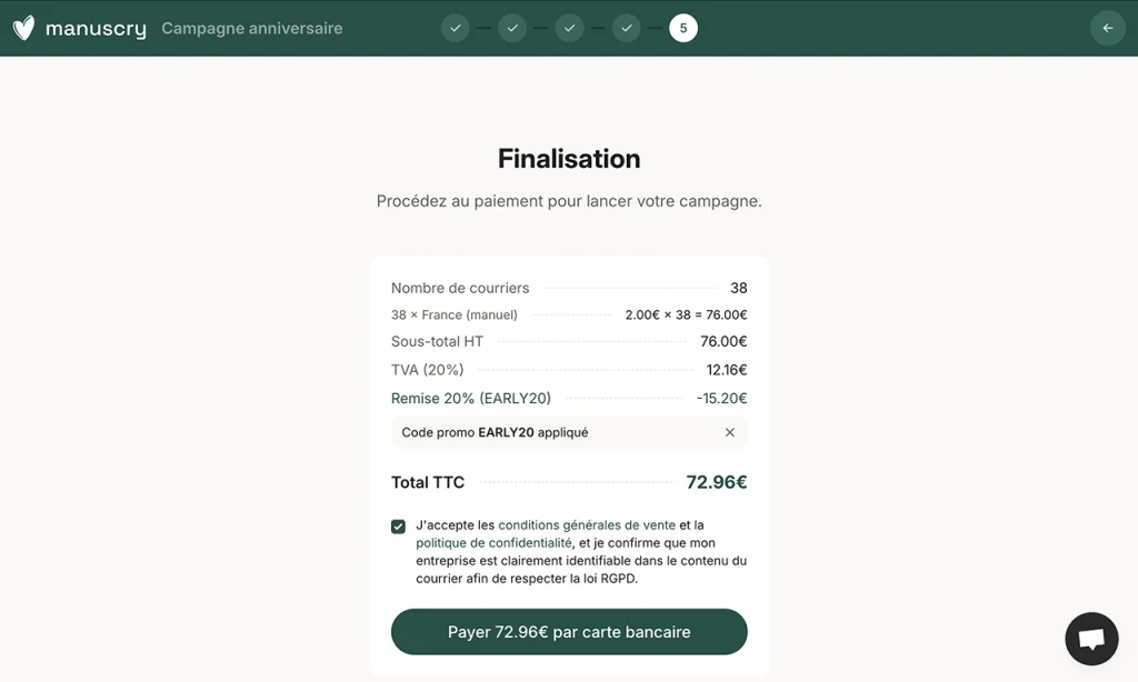 Écran de finalisation d'une campagne Manuscry, avec le détail du volume, des options et le total à payer