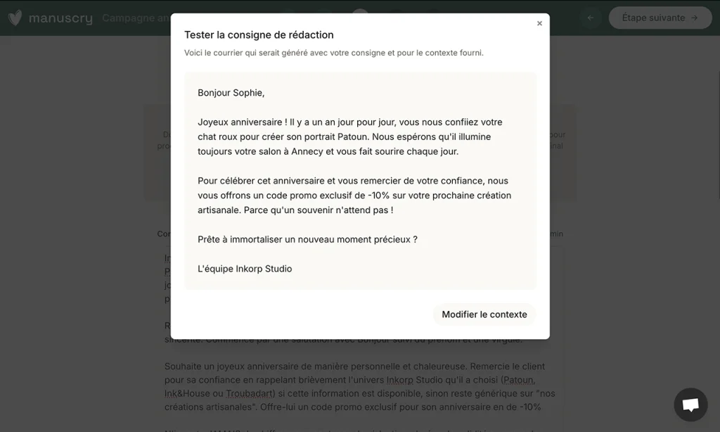Aperçu d'un courrier rédigé automatiquement à partir d'une consigne dans l'interface Manuscry