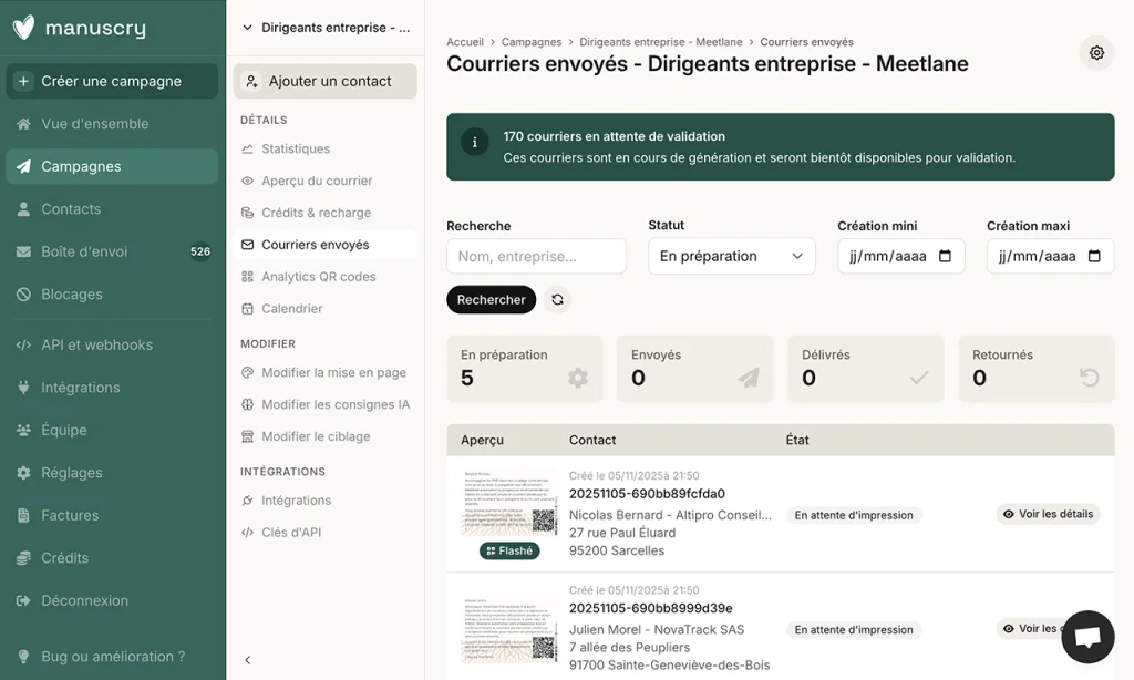 Liste des courriers d'une campagne Manuscry avec leur statut d'envoi