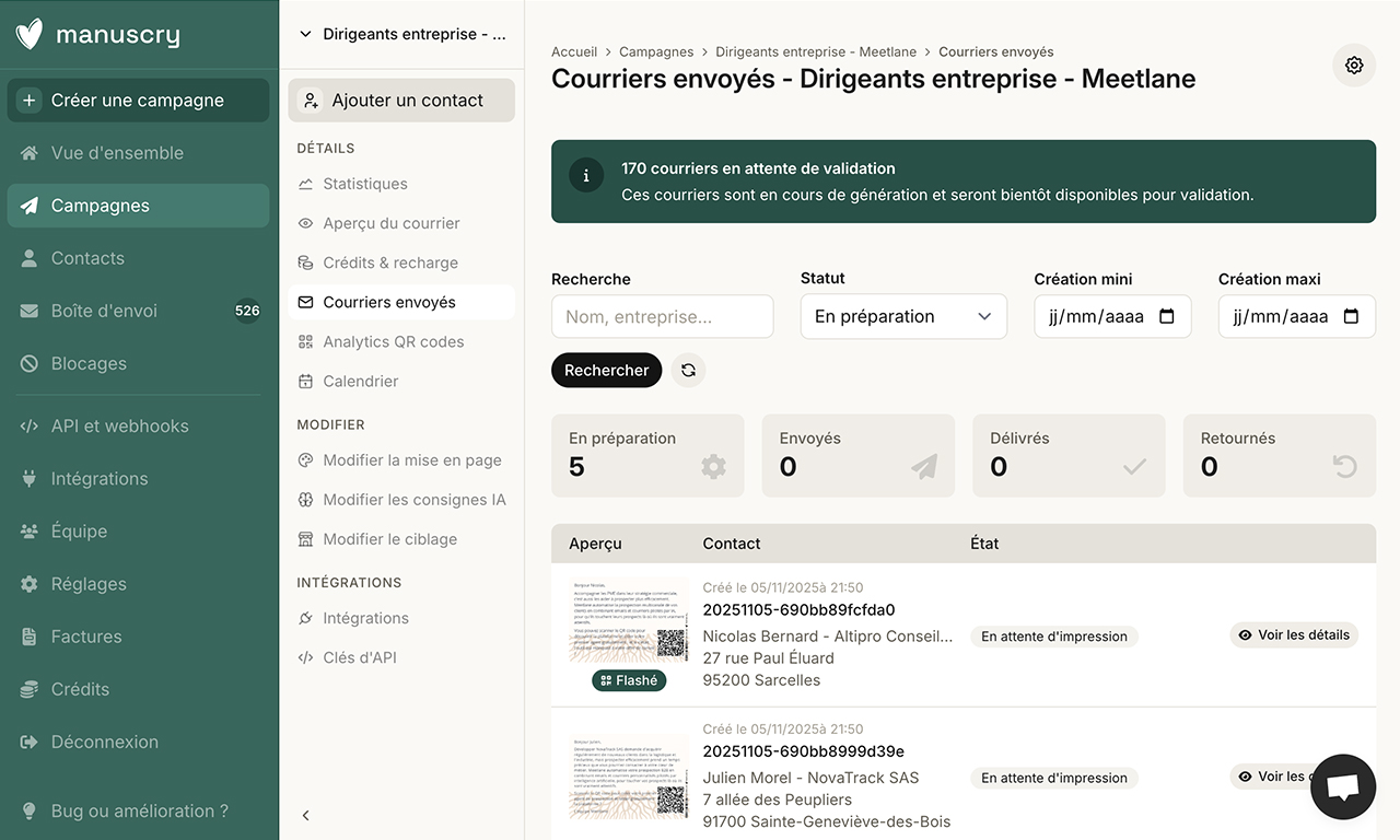 Suivi des courriers d'une campagne dans l'interface Manuscry, avec le statut de chaque envoi