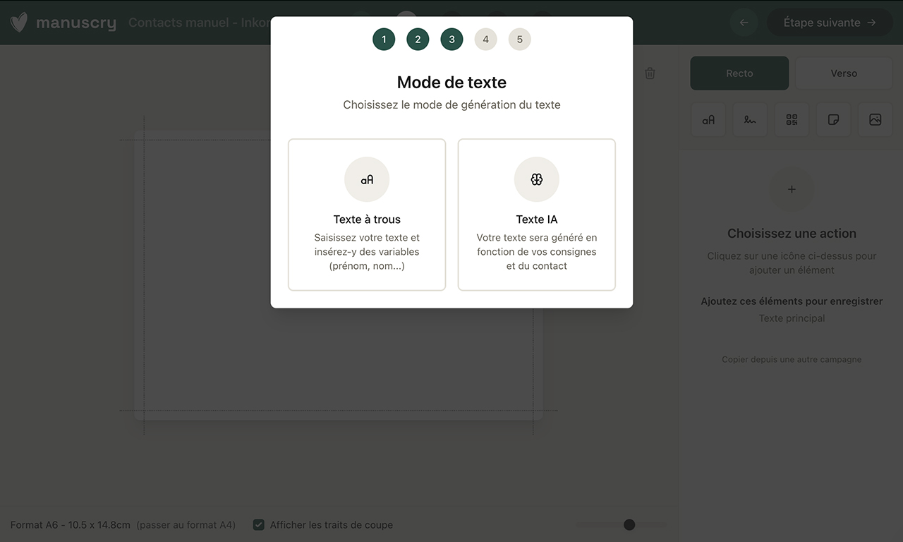 Choix du mode de texte dans l'éditeur Manuscry entre texte à trous avec variables et texte généré par IA