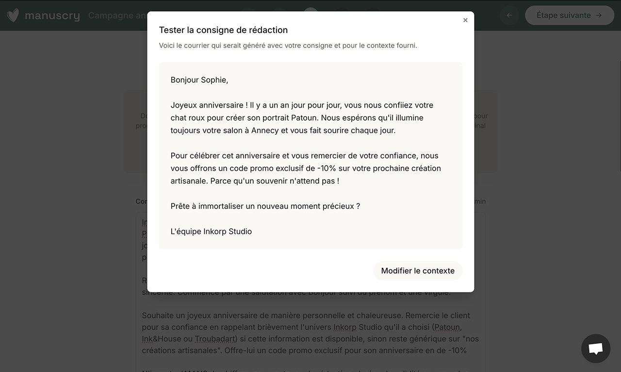 Aperçu d'un courrier rédigé automatiquement à partir d'une consigne dans l'interface Manuscry
