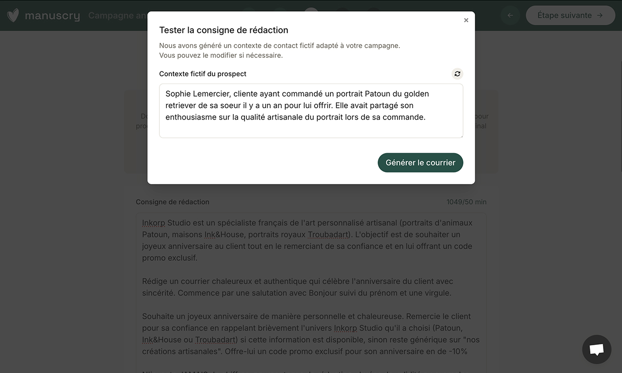 Fenêtre de test de la consigne de rédaction Manuscry, avec un contexte de prospect fictif à modifier avant génération