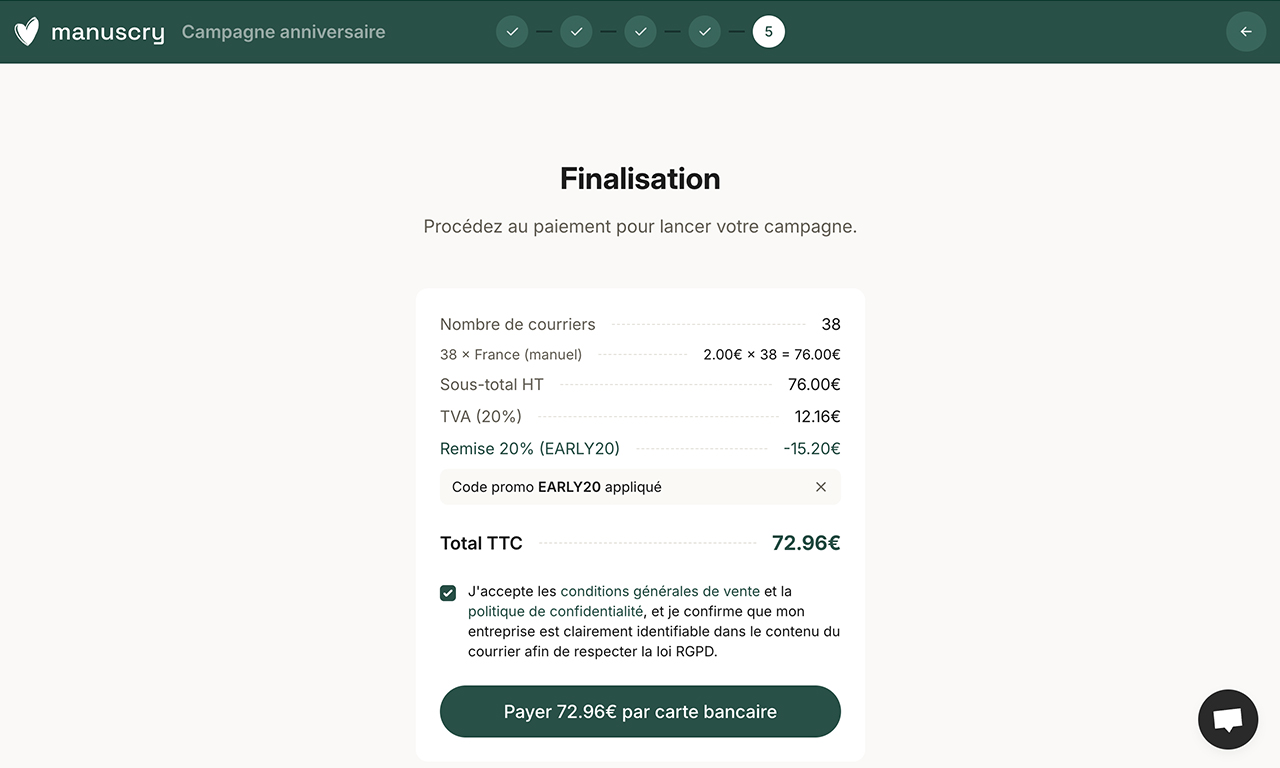 Étape de finalisation d'une campagne Manuscry avec le détail des coûts et le paiement en ligne