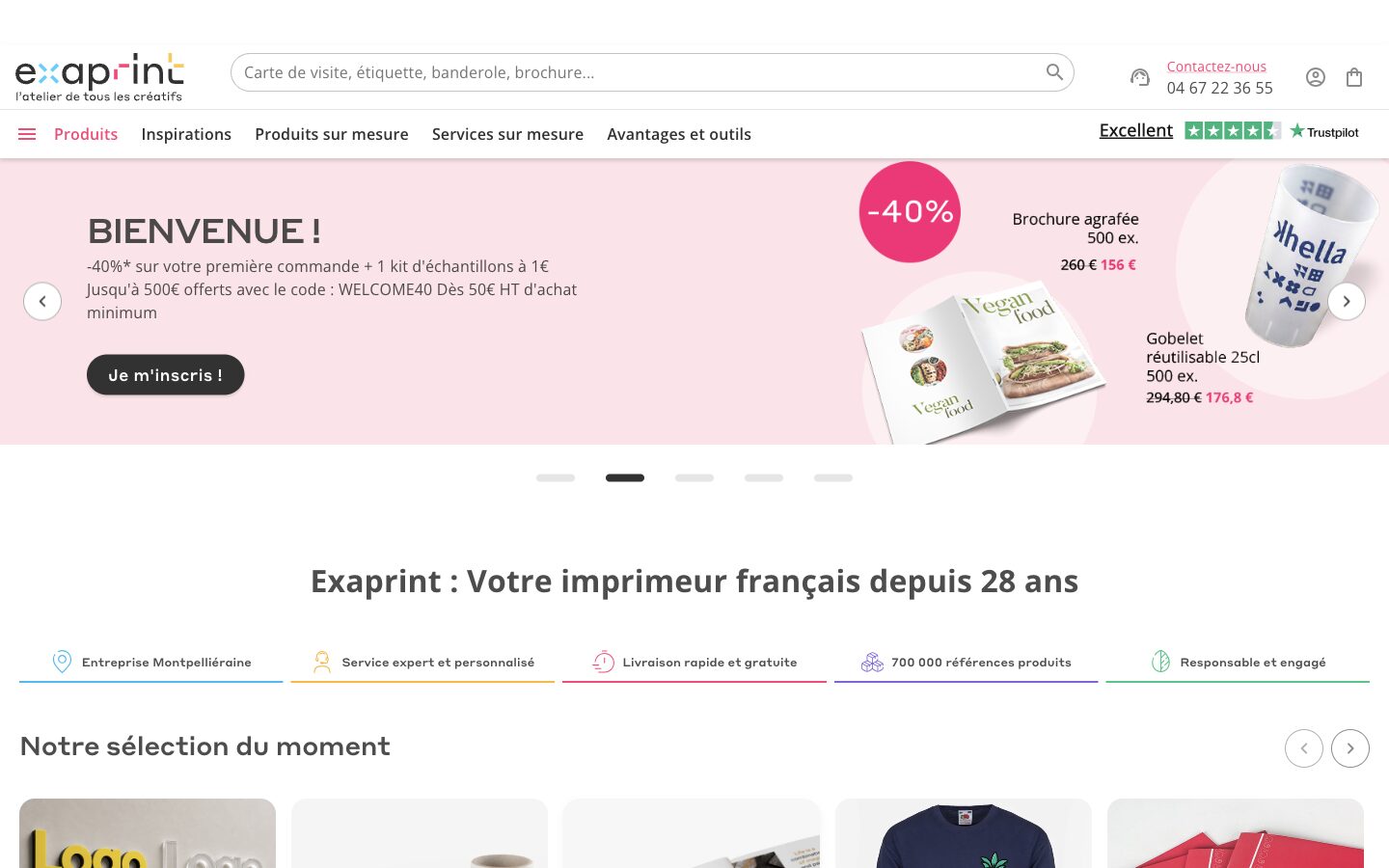 Page d'accueil du site d'Exaprint, présentant son catalogue d'impression en ligne et ses offres du moment