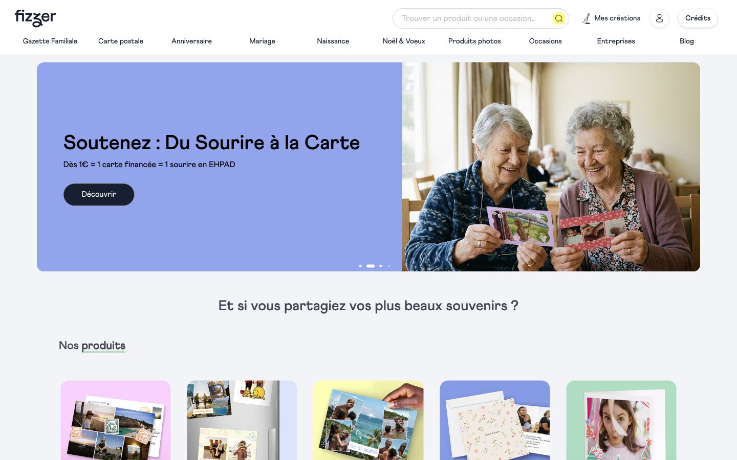 Page d'accueil de Fizzer présentant des cartes personnalisées à partir de photos