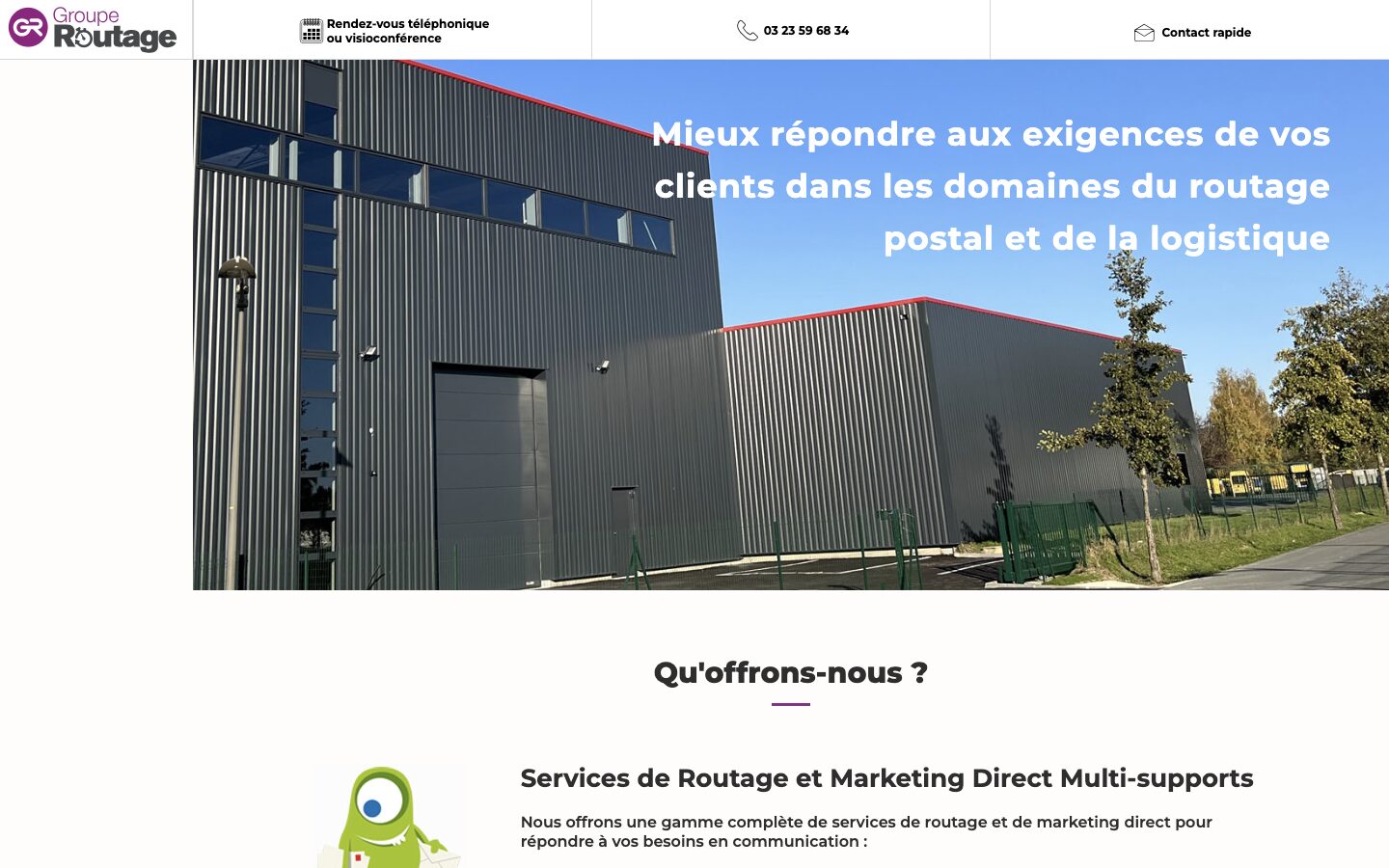 Page d'accueil du site de Groupe Routage, présentant ses services de routage postal et de logistique