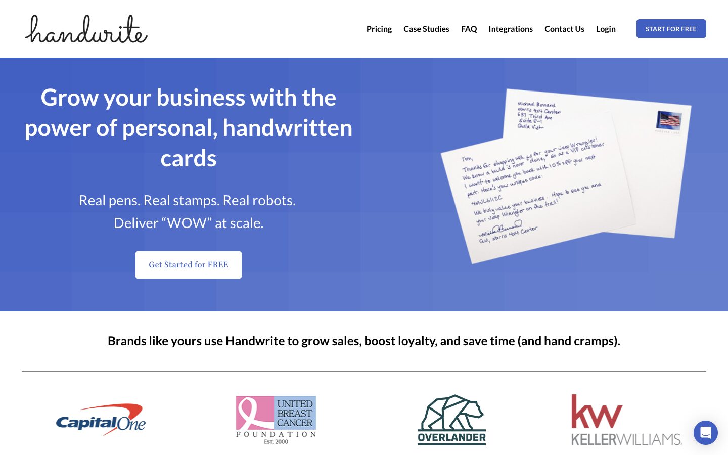Page d'accueil du service Handwrite présentant ses cartes manuscrites pour les entreprises