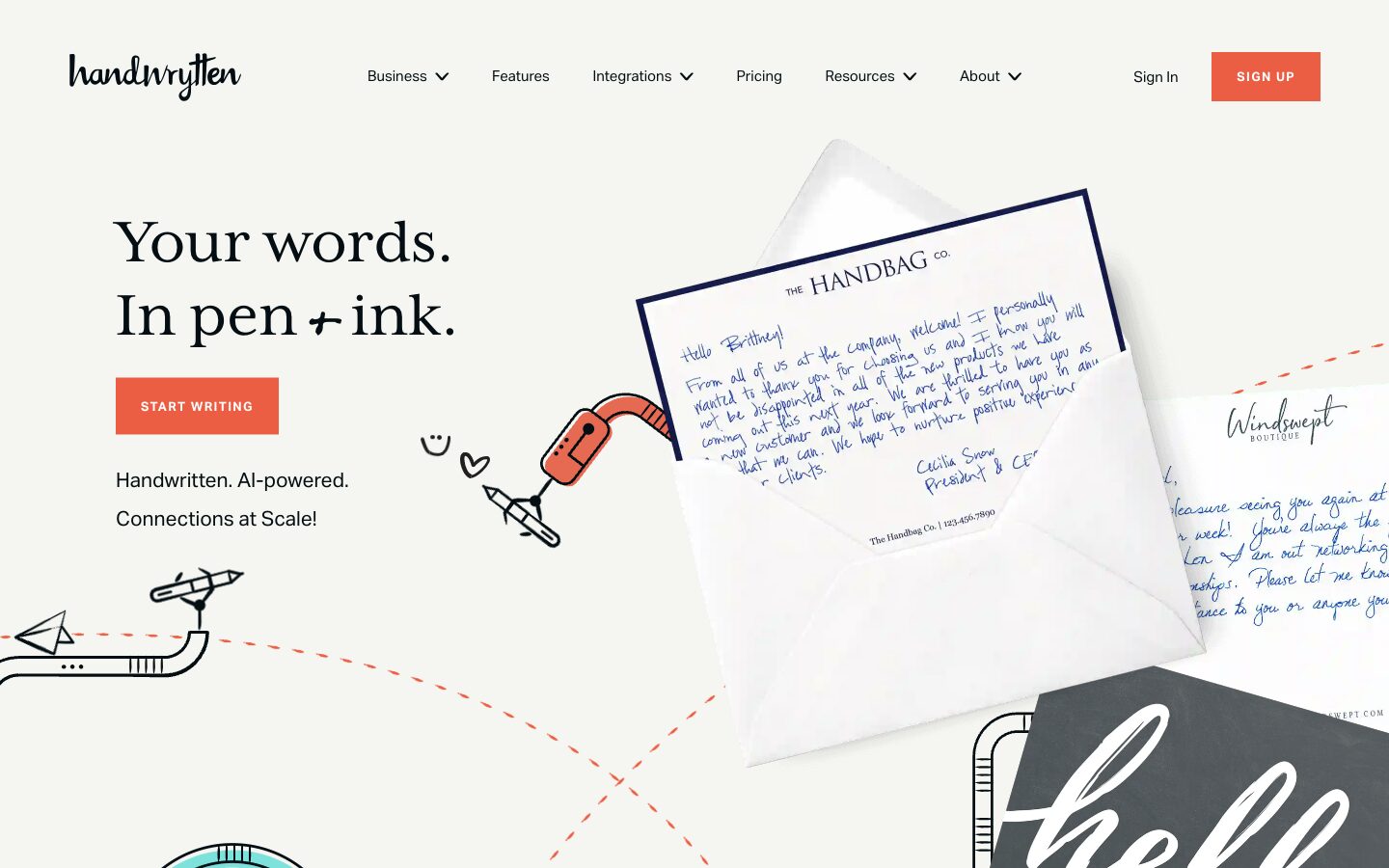 Page d'accueil du site Handwrytten montrant une carte écrite au stylo par un bras robotisé
