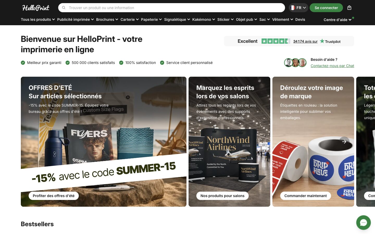 Page d'accueil du site de Helloprint, présentant son catalogue de produits imprimés et ses offres en cours