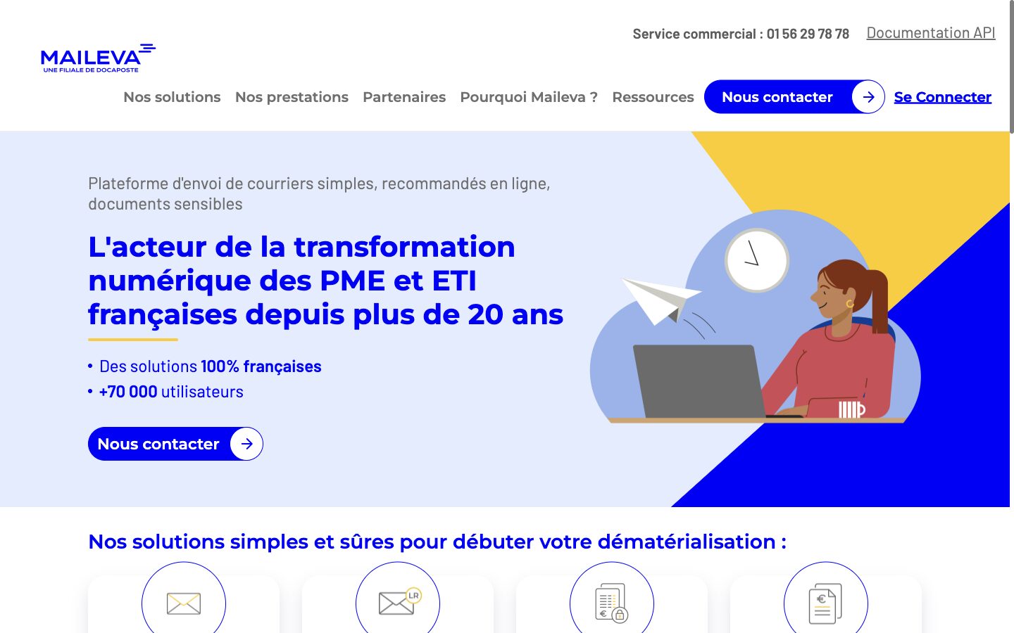 Page d'accueil du site de Maileva présentant sa plateforme d'envoi de courriers en ligne