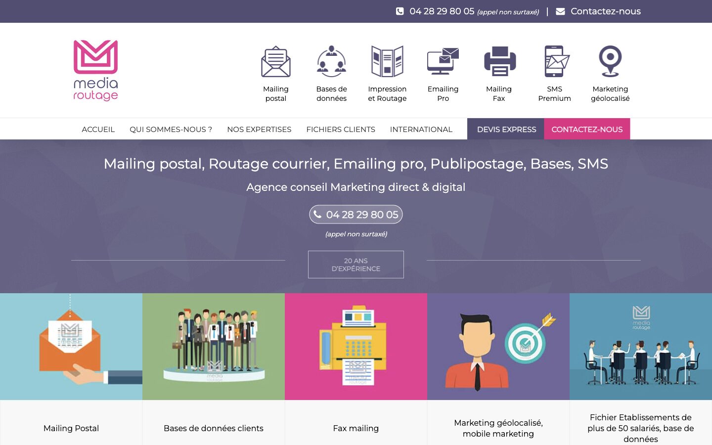 Page d'accueil du site de Media Routage, présentant ses services de mailing postal, bases de données, impression et routage