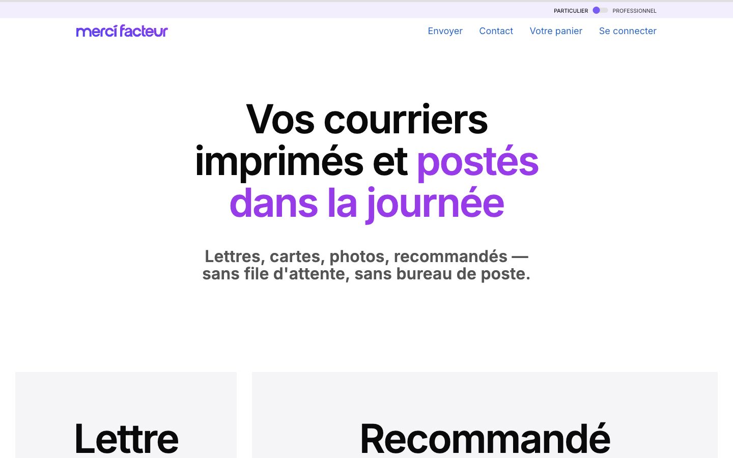 Page d'accueil du site Merci Facteur montrant les options d'envoi de lettres, cartes, photos et recommandés