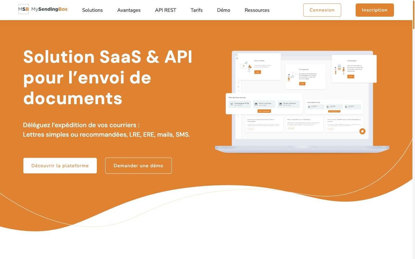 Page d'accueil du site MySendingBox présentant sa plateforme SaaS et son API d'envoi de documents