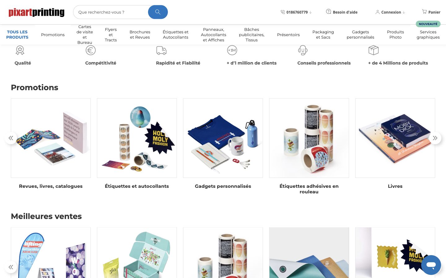 Page d'accueil du site de Pixartprinting, présentant sa navigation par familles de produits et son catalogue d'impression en ligne