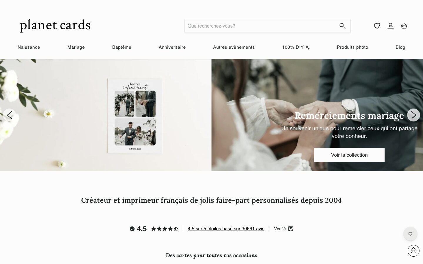 Page d'accueil de Planet Cards présentant ses collections de faire-part et de cartes personnalisées