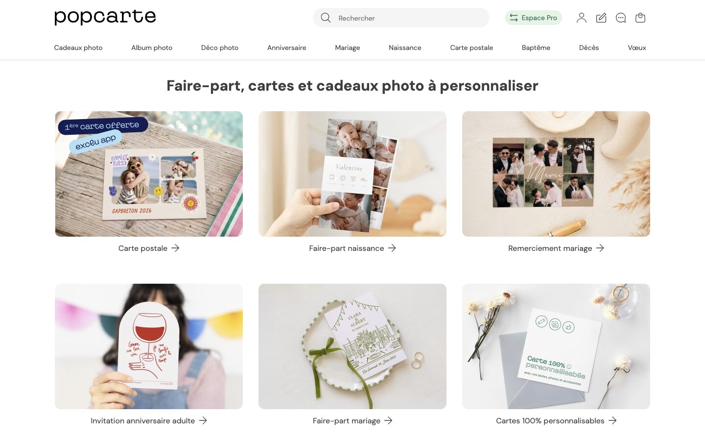 Page d'accueil de Popcarte présentant ses catégories de cartes et de cadeaux photo