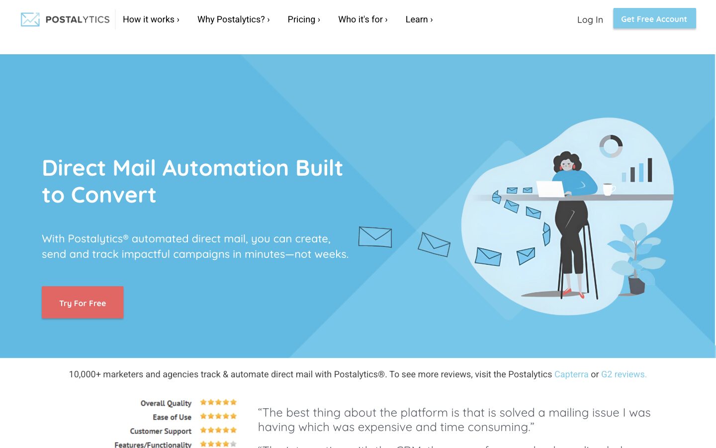 Page d'accueil de Postalytics présentant sa plateforme d'automatisation du publipostage