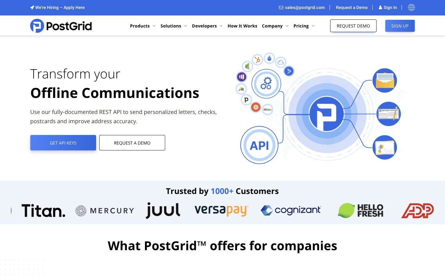 Page d'accueil de PostGrid présentant son API REST d'impression et d'expédition de courrier