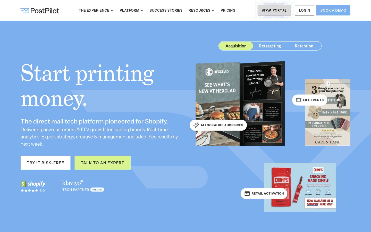 Page d'accueil du site de PostPilot, présentant sa plateforme de publipostage pour les marques e-commerce