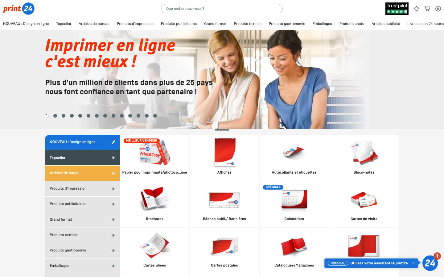 Page d'accueil du site de print24, présentant son catalogue d'impression en ligne et son calcul de prix