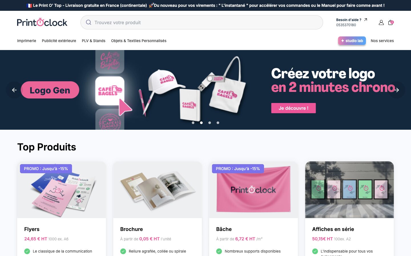 Page d'accueil du site de Print O'Clock, présentant son catalogue d'impression en ligne et ses prix d'appel
