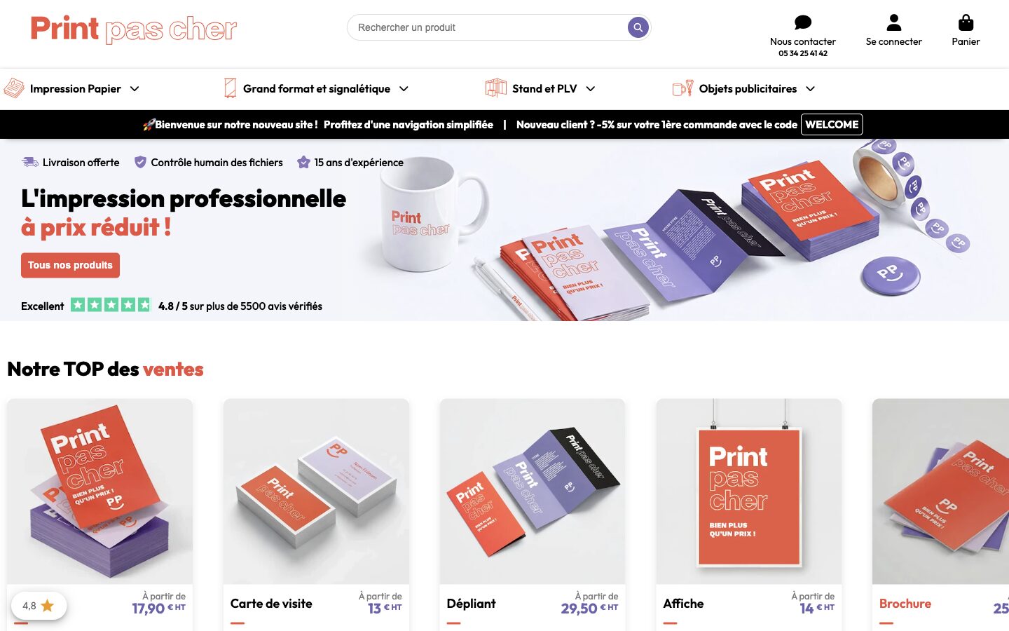 Page d'accueil du site de PrintPasCher, présentant son catalogue d'impression en ligne et ses prix d'appel