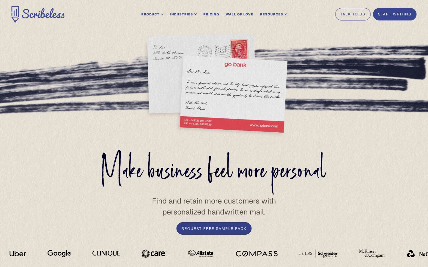 Page d'accueil du site Scribeless montrant une lettre et une enveloppe à rendu manuscrit et le slogan Make business feel more personal