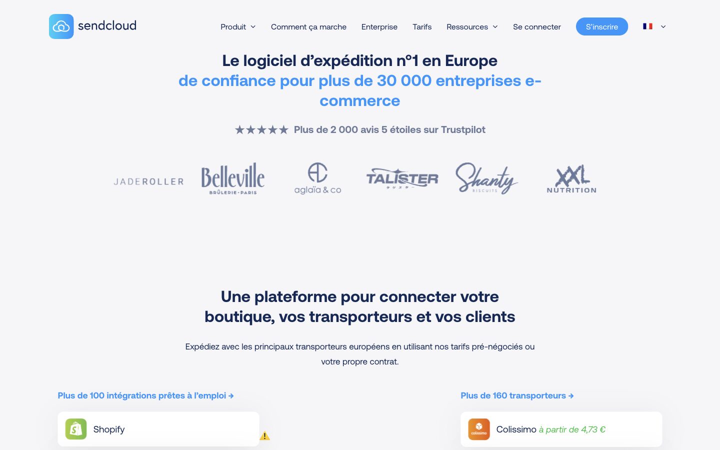Page d'accueil du site de Sendcloud, présentant sa plateforme d'expédition de colis pour le e-commerce