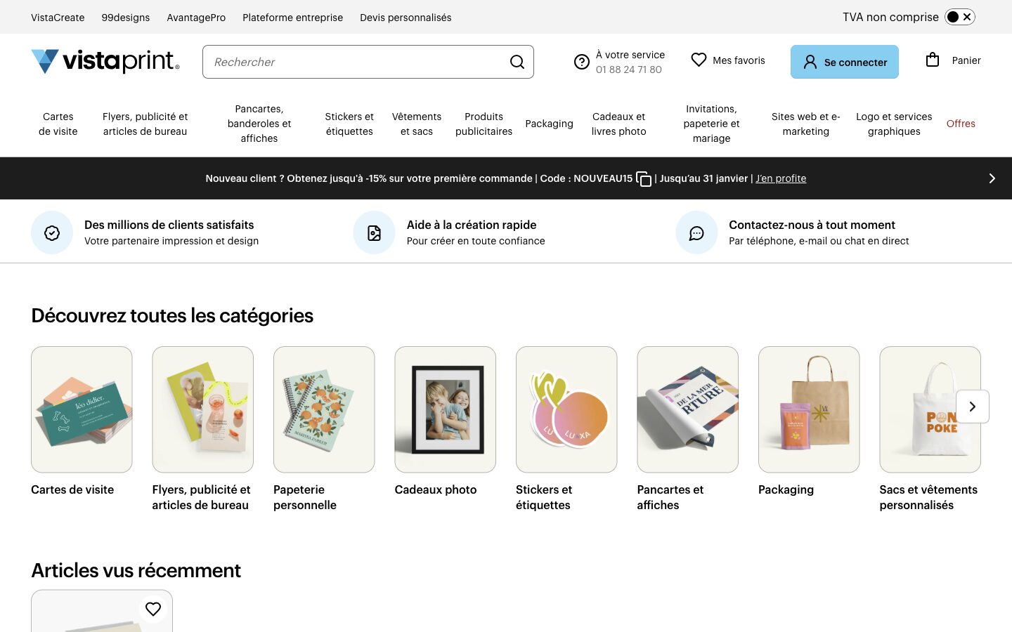 Page d'accueil du site Vistaprint, présentant ses catégories de produits imprimés